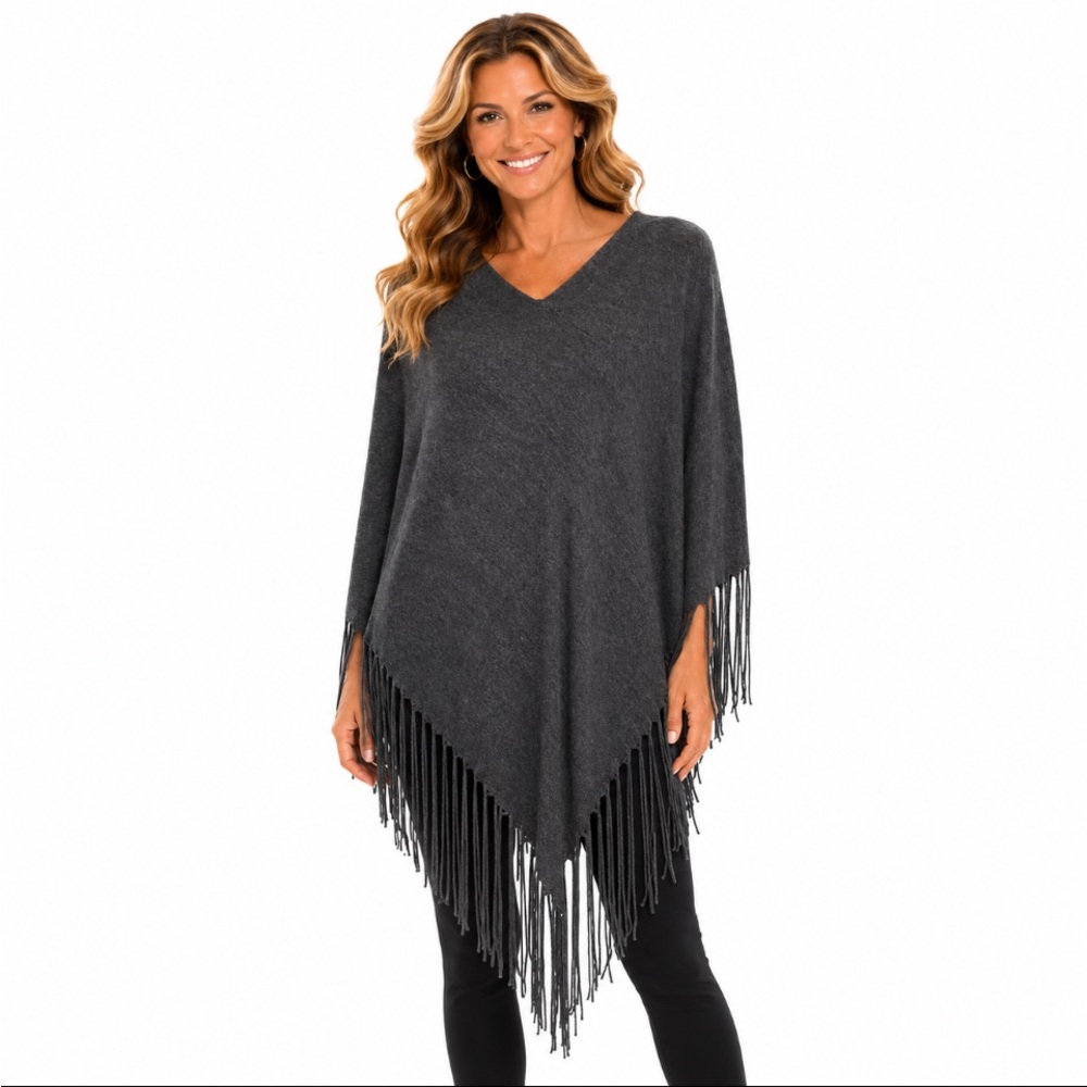 MOSSIMO Vigoss Charcoal Fringe V-Neck Poncho Size L/XL “NWT”